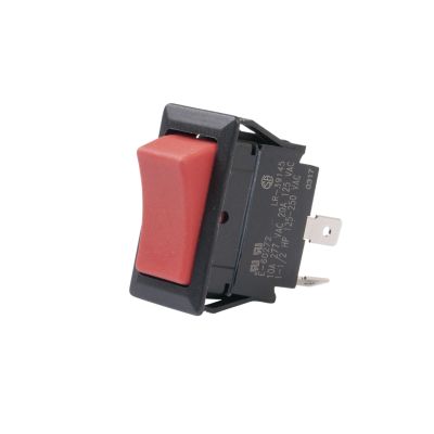 SPST On-Off rocker switch with striking red actuator and full-size design, offering reliable functionality and easy installation.