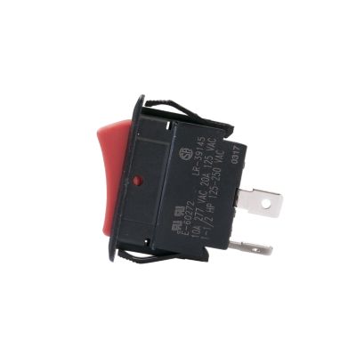 Side view of a red actuator SPDT rocker switch with an On-Off-On configuration.