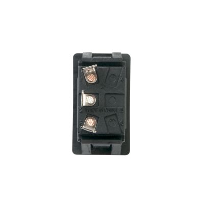 Red actuator SPDT rocker switch with an On-Off-On configuration.