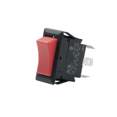 Red SPDT Full Size Rocker Switch with On-On functionality, side view showcasing connector pins and black casing.