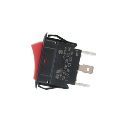 Side view of a red actuator SPDT rocker switch with an On-Off-On configuration.