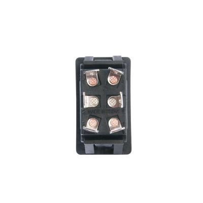 Red actuator SPDT rocker switch with an On-Off-On configuration.