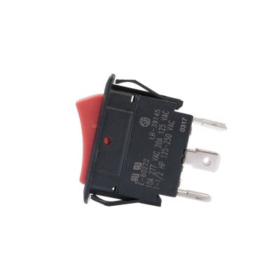 Side view of red actuator SPDT rocker switch with an On-Off-On configuration.