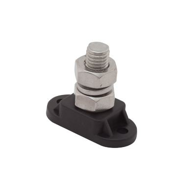 Stud type power distribution junction block, black base, silver threaded stud, suitable for efficient power distribution.