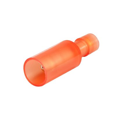 Red nylon bullet connector, fully insulated, designed for 22-18 gauge wires, showcasing its durable male connector construction.