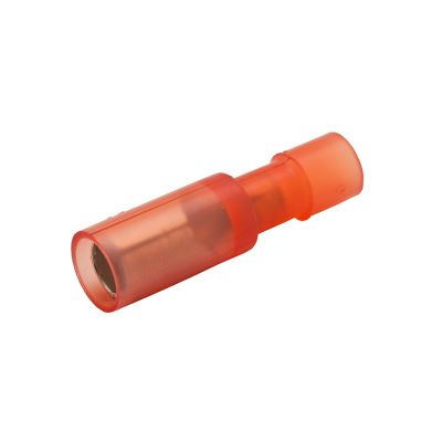 Red nylon bullet connector, female type, fully insulated design, suitable for 22-18 gauge wiring applications.