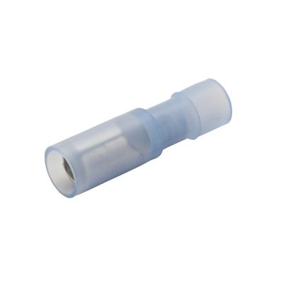Blue nylon fully insulated female bullet connector, ideal for 16-14 gauge wires, shown in close-up view.