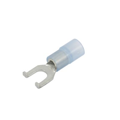 Blue nylon flanged spade terminal for 8 stud, compatible with 16-14 gauge wires, ideal for secure electrical connections.