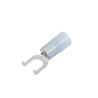 Blue nylon flanged spade terminal with forked metal connector, suitable for electrical connections and wiring projects.