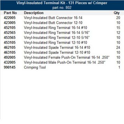Vinyl terminal kit with crimping tool and various connectors, including ring, butt, spade, and push-on types.