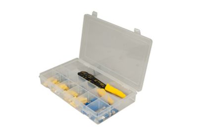 Vinyl Terminal Assortment Kit with tool in open plastic case, showcasing organized electrical connectors in various compartments.