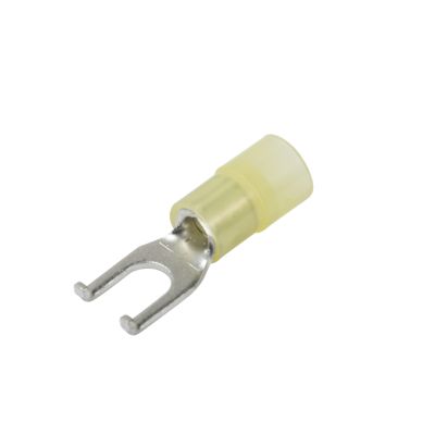 Yellow nylon flanged spade terminal with metal prong, designed for electrical connections and secure installation.