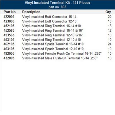 Vinyl Terminal Assortment Kit with connectors and terminals, detailed list of components and quantities.
