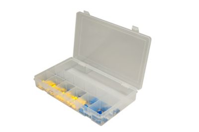 Open kit with various vinyl terminals in a transparent plastic case, showcasing organized compartments with colorful parts.