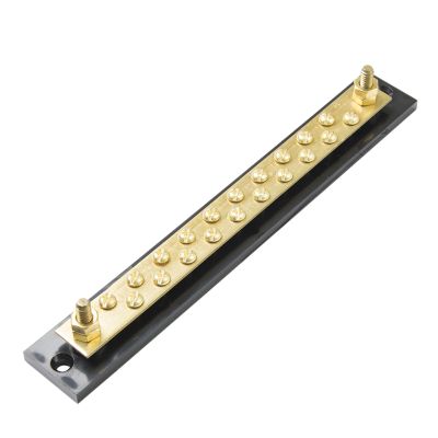 Brass common bus bar with multiple screw positions and a sturdy black base. Ideal for electrical connections.