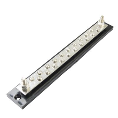 Tin-plated brass bus bar with 20 positions, featuring 8-32 screws for secure connections, supports 50 Amp and 36V applications.