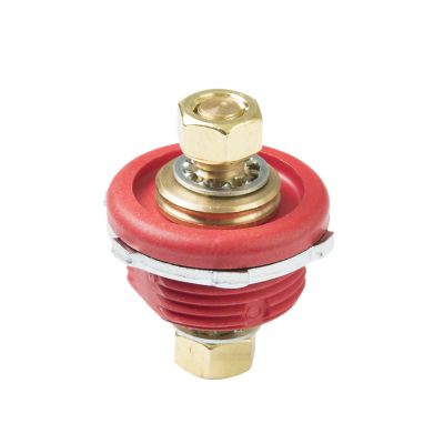 Red feeder stud with brass fittings and threaded detail for electrical applications.
