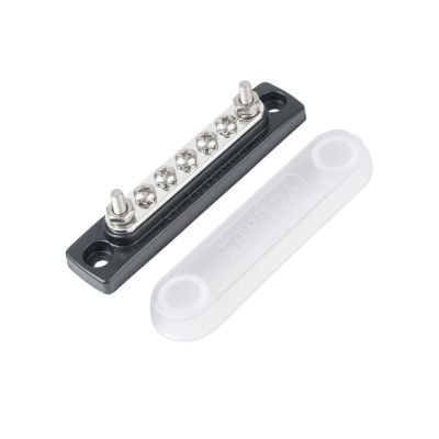 Blue Sea Systems Common BusBar with five terminals, black base, and semi-transparent protective cover.