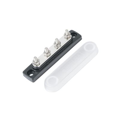 Blue Sea Systems busbar with four studs and a protective cover for electrical connections.