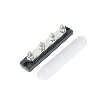 Blue Sea Systems busbar with four terminals and protective cover for efficient electrical distribution.
