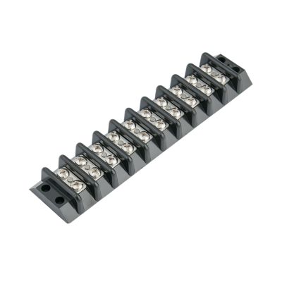 Blue Sea Systems terminal block with 10 connections for marine use, featuring a durable black casing and silver contacts.