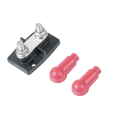 Dual busbar with insulators featuring metal studs, designed for electrical systems, includes protective red caps.