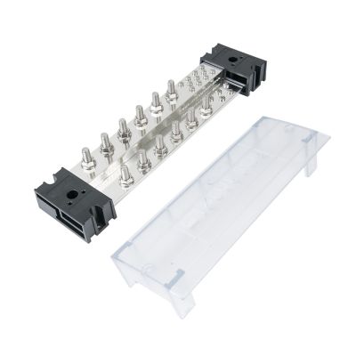 Blue Sea Systems PowerBar BusBar with clear cover, featuring 12 gang and robust metal studs for efficient electrical connections.