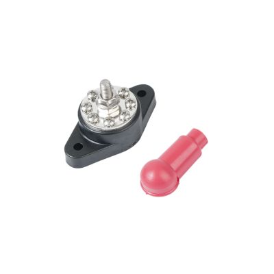 Blue Sea Systems power distribution block with multiple connection points and red protective cap.