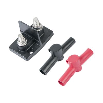 Dual power distribution block with red and black insulators, featuring metal studs for secure connections.