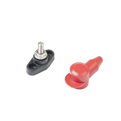 Black Blue Sea Systems PowerPost with #10-32 stud and separate red terminal cover, ideal for electrical connections.