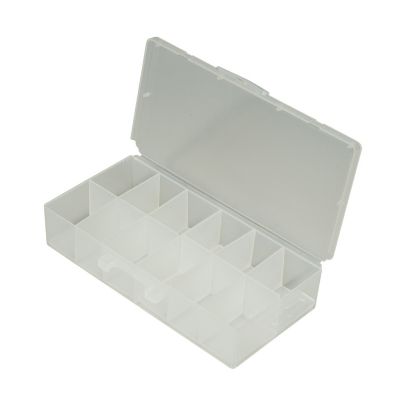 Miniature plastic scoop box with an open lid and multiple compartments for organized storage. Ideal for small items.