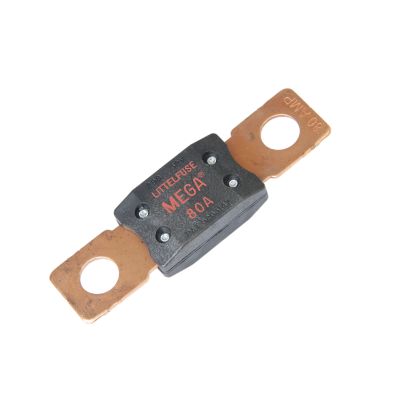 Red Littelfuse MEGA Fuse, 80 Amp, with metal connectors, ideal for high current circuit protection.