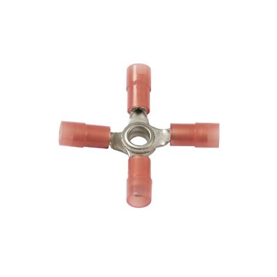 Nylon-insulated X and Y butt connectors with a metal core and red sleeves, designed for secure electrical connections.