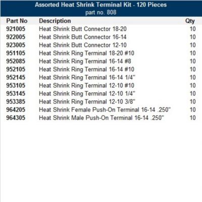 Assorted heat shrink terminal kit with various connectors and terminals organized by part number and quantity.