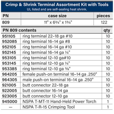Heat Shrink Terminal Kit with Tools, 122 pieces: includes various ring terminals, push-on terminals, butt connectors, and tools.