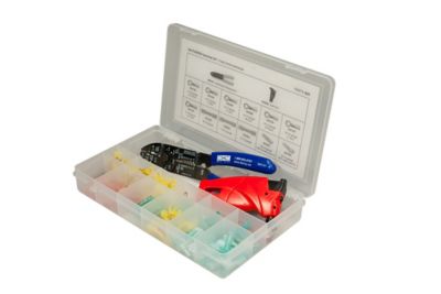 Heat Shrink Terminal Kit with Tools, featuring organized compartments and a variety of connectors in a clear plastic case.