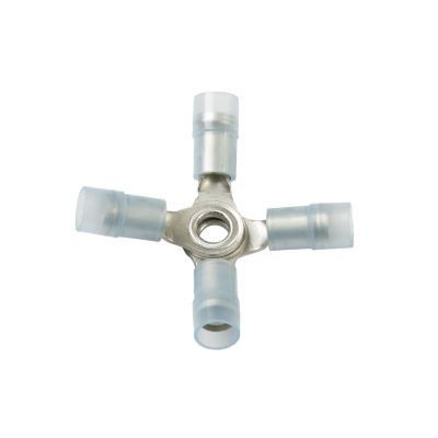 Blue Nylon X Connector for electrical wires, featuring durable insulation and a cross-shaped design. Ideal for 16-14 gauge wires.