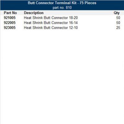 Heat Shrink Butt Connector Kit inventory list, detailing part numbers, sizes, and quantities for electrical connections.