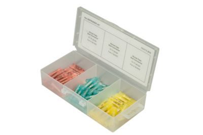 Heat Shrink Butt Connector Kit with red, blue, and yellow connectors in organized compartments for efficient electrical work.