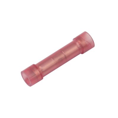 Red moisture-resistant nylon butt connector for secure electrical connections.