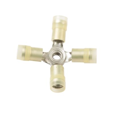 Yellow nylon X connector for 12-10 gauge wires, featuring a four-way design with insulated terminals.