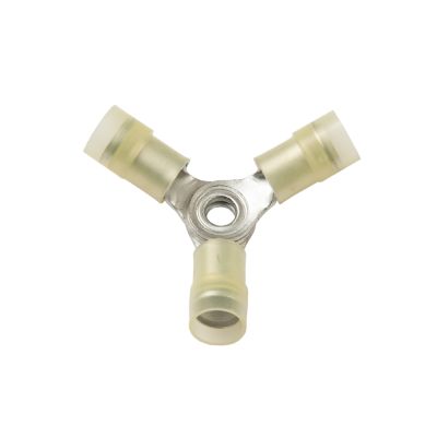 Yellow nylon Y connector for electrical cables, featuring three ports for 12-10 gauge wires.