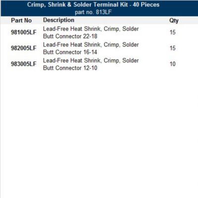 Lead-free crimp, shrink & solder butt connector kit with part numbers and quantities, comprising three types of connectors.