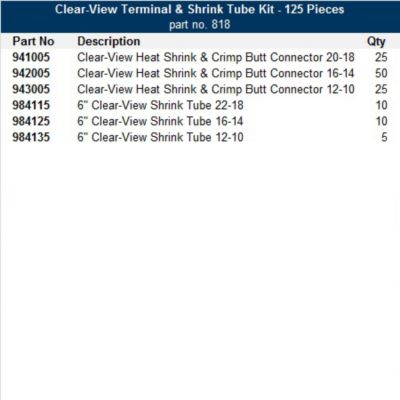 Clear-View Terminal & Heat Shrink Kit with connectors and shrink tubes listed by parts, descriptions, and quantities.