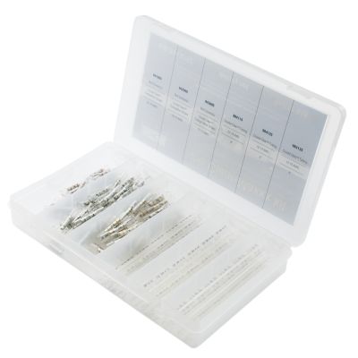 Clear-view butt connector and heat shrink kit, open box with assorted connectors neatly organized in labeled sections.
