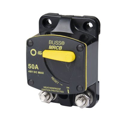 Marine-rated 50 Amp circuit breaker by Eaton Bussmann, featuring a manual reset switch, weatherproof surface mount design.