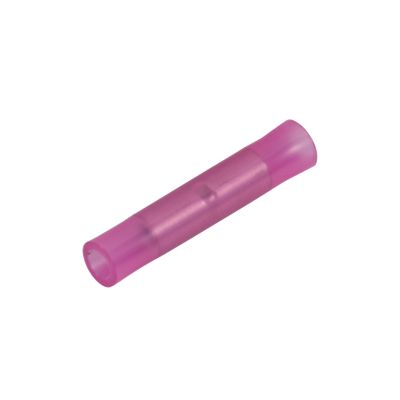 Red nylon butt connector with brazed barrel for secure electrical connections, suitable for 22-18 gauge wires.