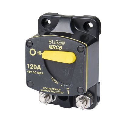 Marine-rated manual reset circuit breaker, surface mount, with switchable 120A capacity for 48V systems, yellow handle.