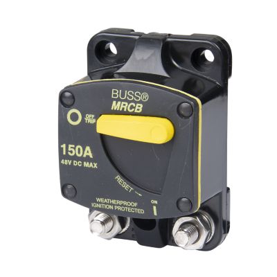 Marine-rated manual reset hi-amp circuit breaker by Eaton Bussmann, featuring a switchable surface mount design.