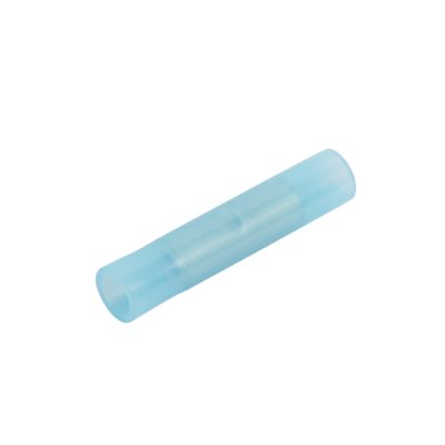 Blue nylon butt connector with brazed barrel, designed for secure electrical connections in wiring applications.